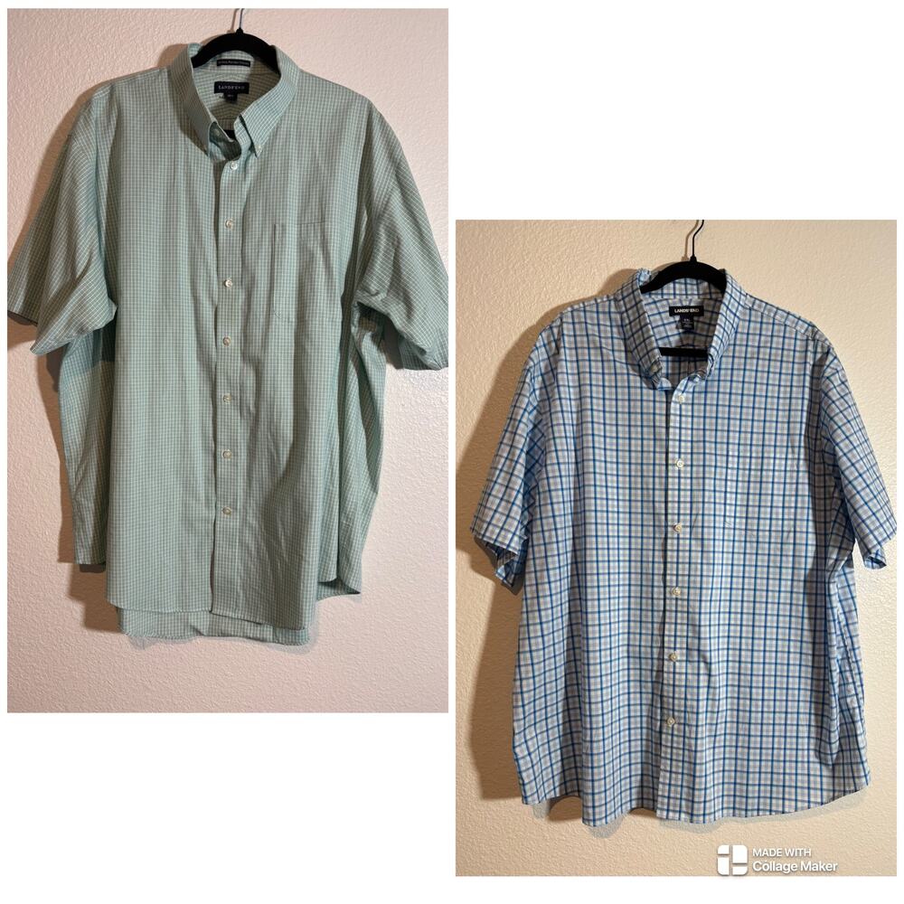 Lands' End Men's Size XXL Lot of 2 Short Sleeve Button-Down Shirts Blue & Green